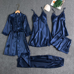 Silk-Blend Thin Strap Pajama Set with Bra Cup for Women - 5 Piece Set